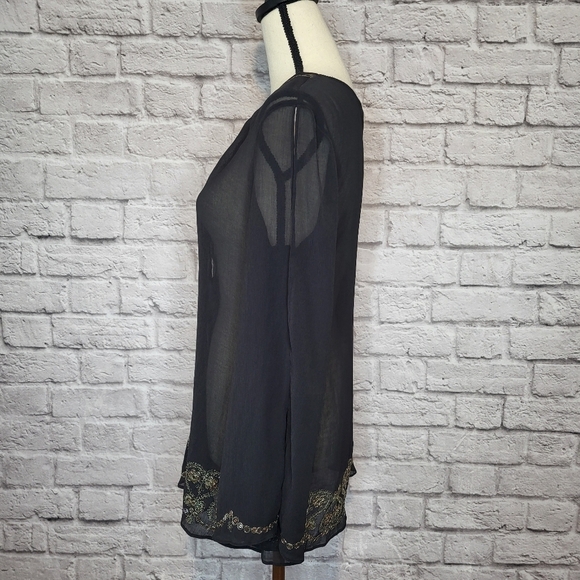 Victoria's Secret Top Black Sheer Deep V Neck Embroidered Sequined Split Sleeve - Picture 5 of 9